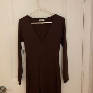 Aritzia Babaton Deep V-Neck Brown Dress